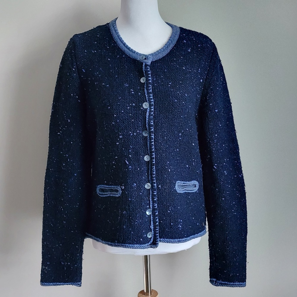 Kooi Wool Knit Cardigan Sweater Womens Large Blue Speckled Artsy Boho Textured